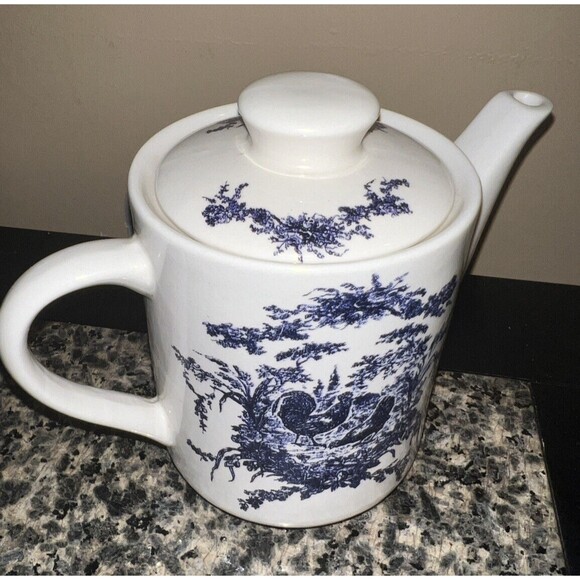 California Pantry Tea Pot Blue White Rooster Toile Coffee Country 6.5in Vintage - Picture 6 of 9